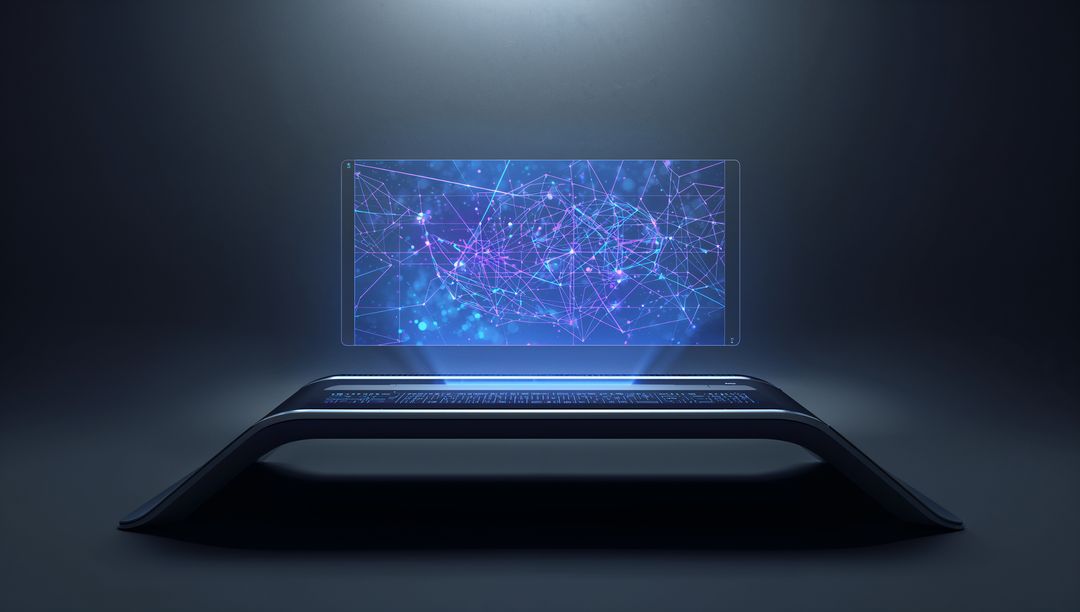 Futuristic Holographic Workstation with Floating Network Map and Glowing Keyboard