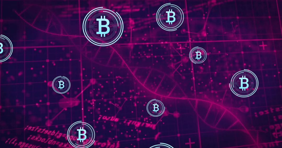 Bitcoin Symbols and DNA Strand Illustrating Technology and Science Fusion