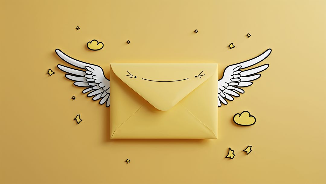 Whimsical Floating Envelope with Wings on Yellow Background