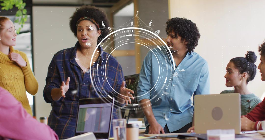 Dynamic Team Collaboration with Digital Infographic in Modern Office