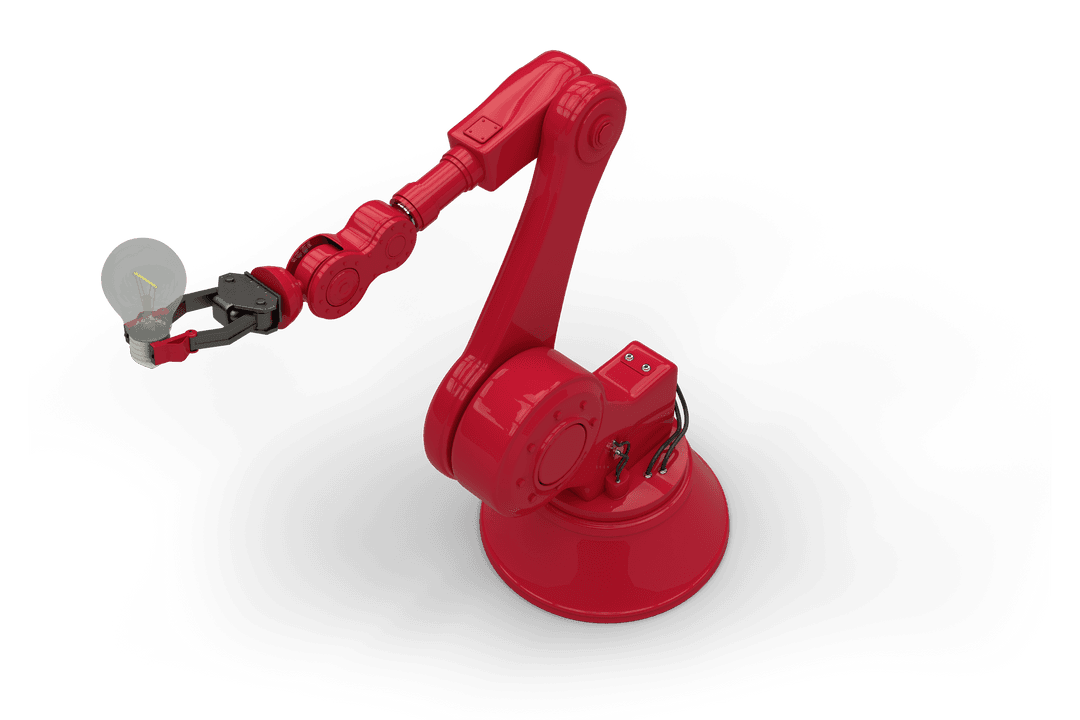 Transparent Red Robotic Arm Holding Light Bulb for Innovation