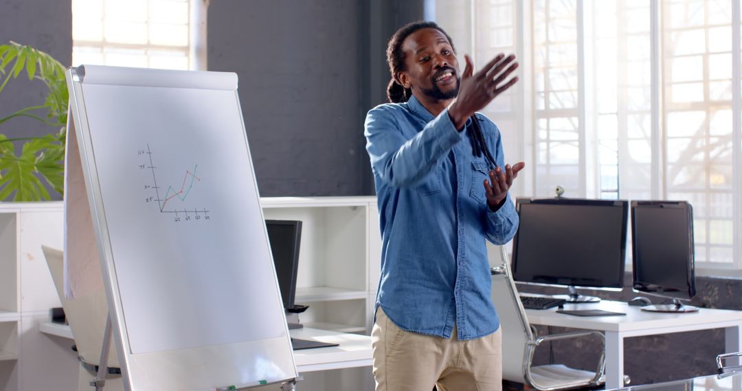 Businessman Presenting Graph on Flip Chart in Modern Office