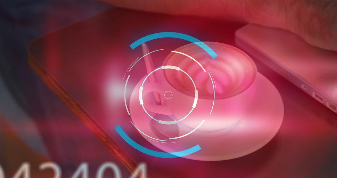 Futuristic Technology Overlay with Coffee Workspace