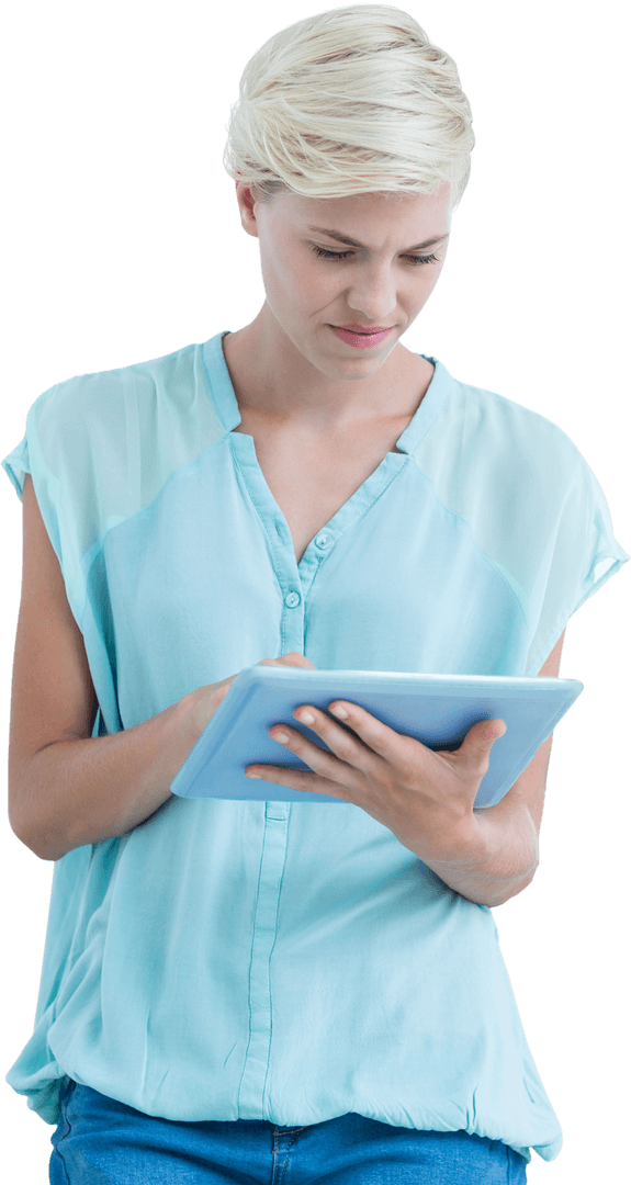 Focused Caucasian Woman Engaging with Tablet on Transparent Background