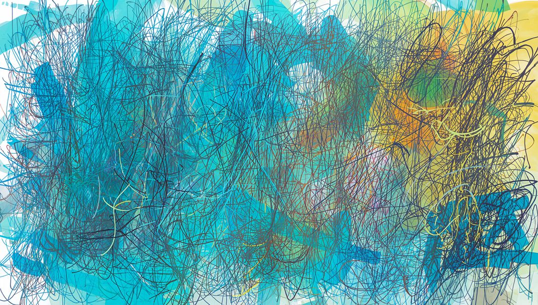 Dynamic Abstract Composition with Layered Blue and Yellow Scribbles