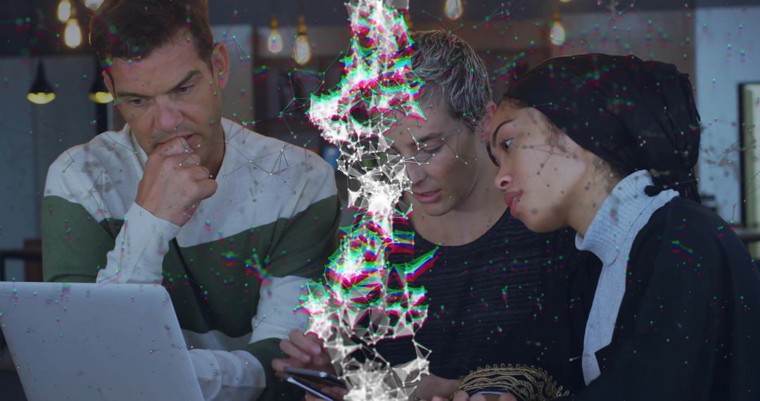 Collaborating on smartphone and laptop with digital network glitch in cafe