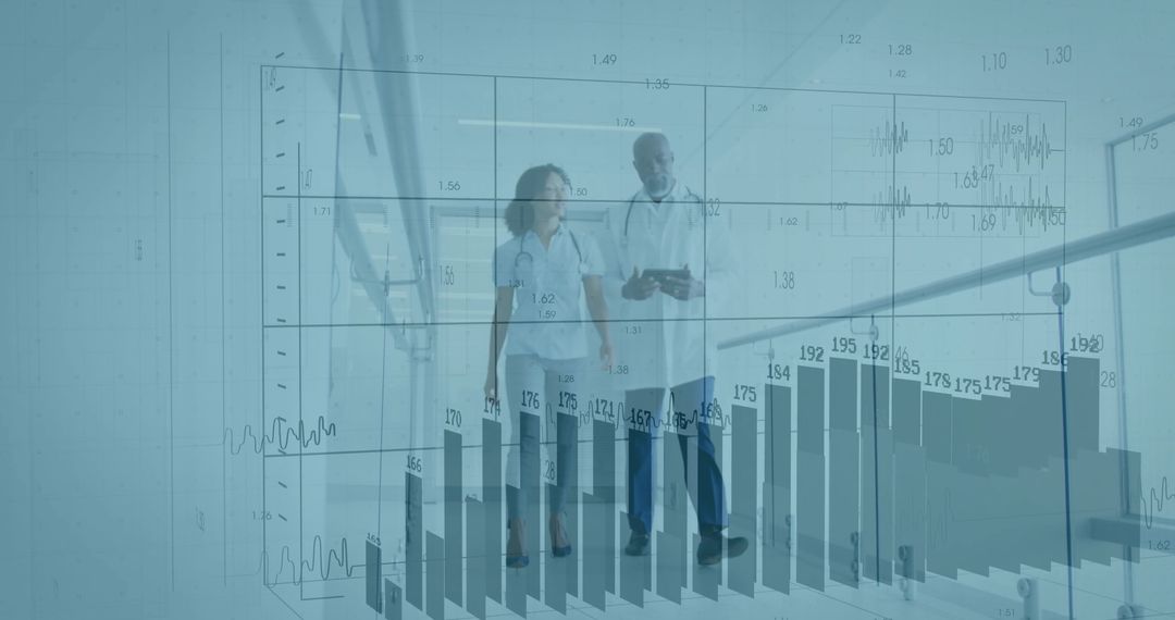 Doctors Analyzing Digital Data with Chart Overlay in Hospital Corridor