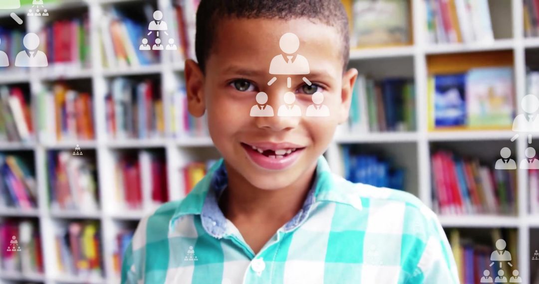 Smiling Biracial Boy in Library with Digital Flowcharts