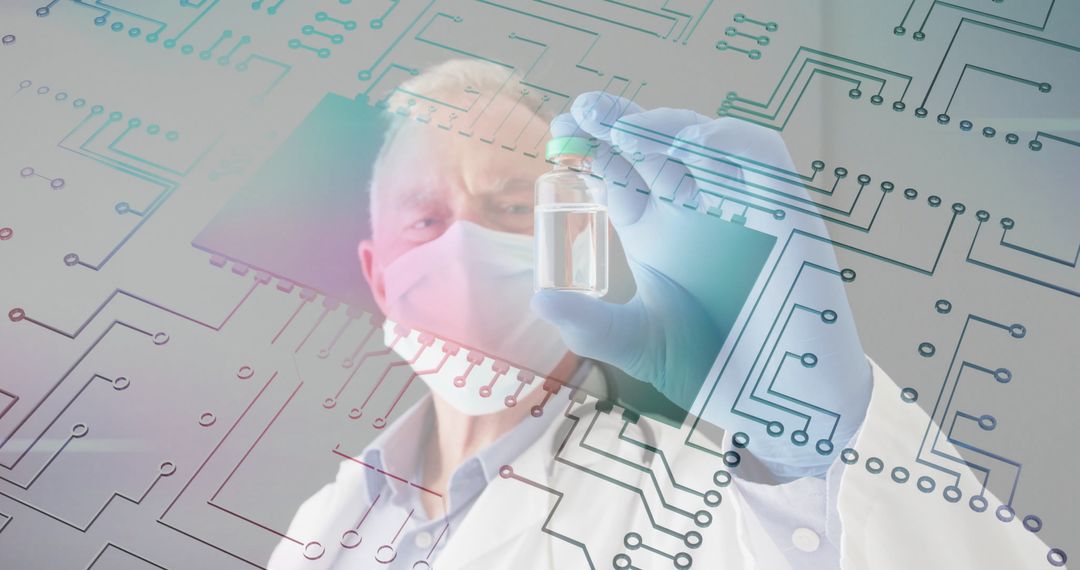 Scientist in Lab Analyzing Vial with Futuristic Bio-Tech Overlay
