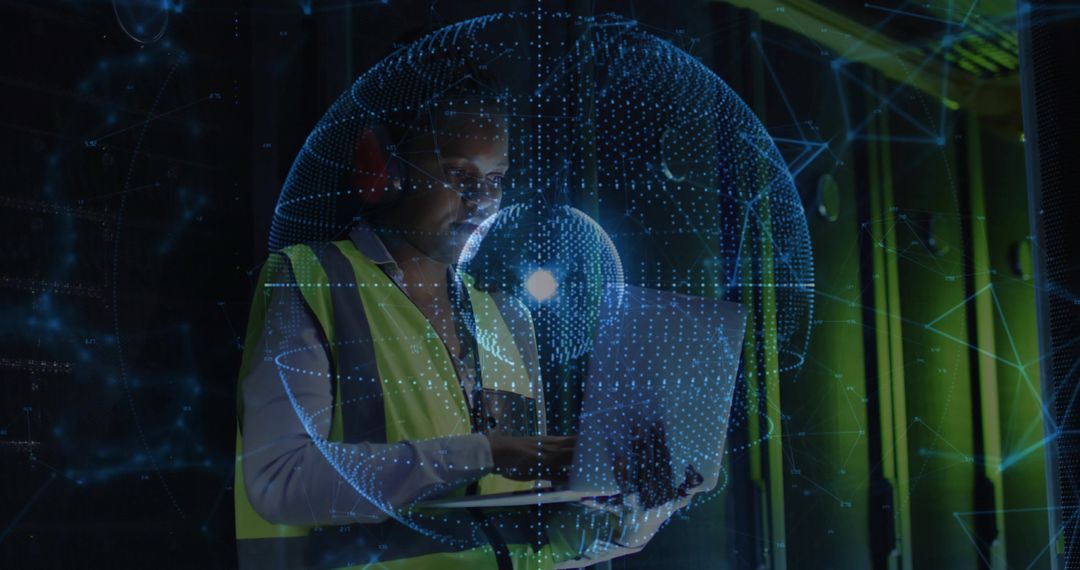 Data Center Technician Typing on Laptop Amid Holographic Global Network Visualization