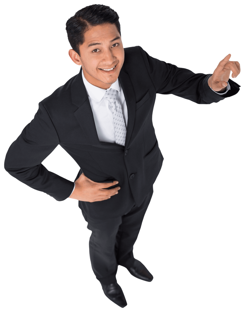 Confident Businessman Pointing with a Smile on Transparent Background