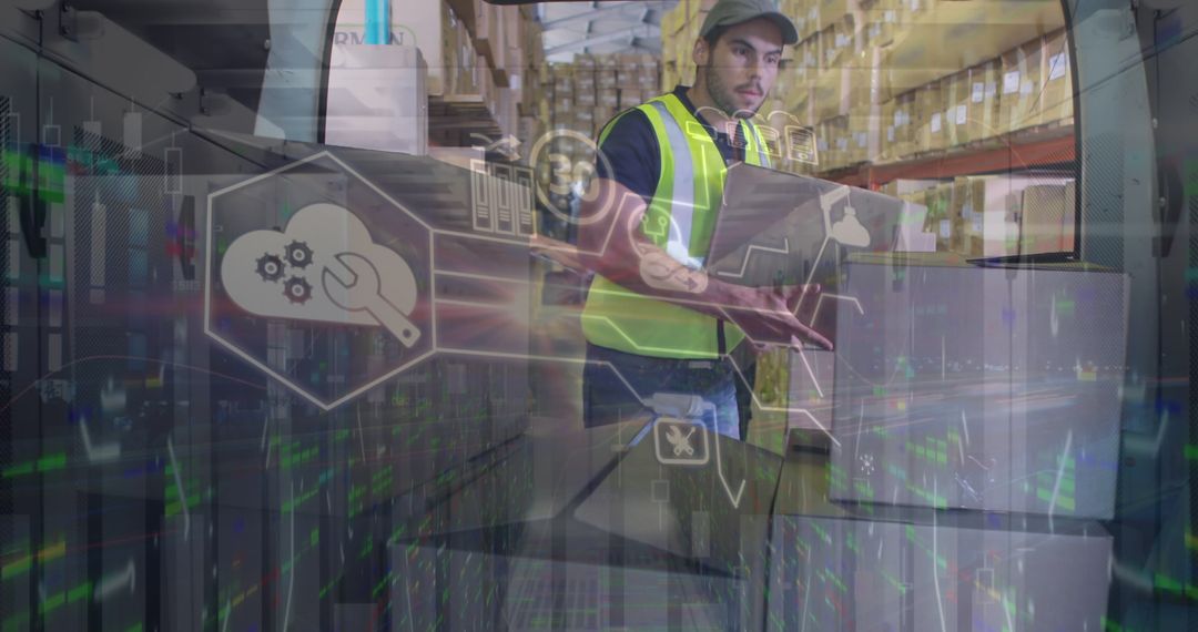 Courier in Warehouse with Digital Data Overlay