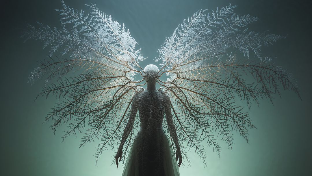 Floating androgynous figure wearing branching luminescent wing filaments in teal halo
