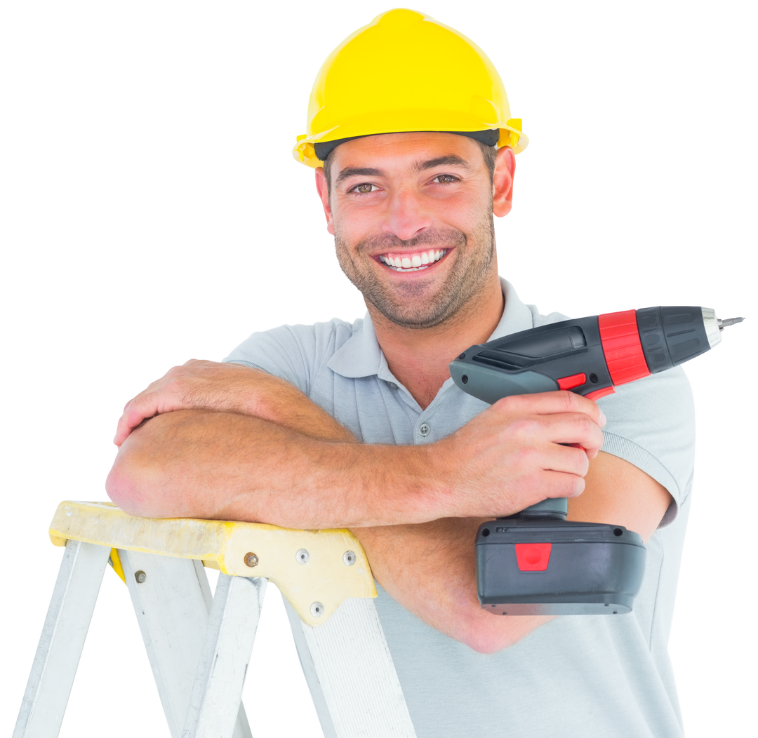 Smiling Male Technician with Hardhat Holding Power Drill Transparent Background - Download Free Stock Images Pikwizard.com