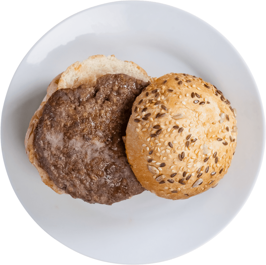 Top View of Hamburger on White Plate with Seed Bun Close-Up