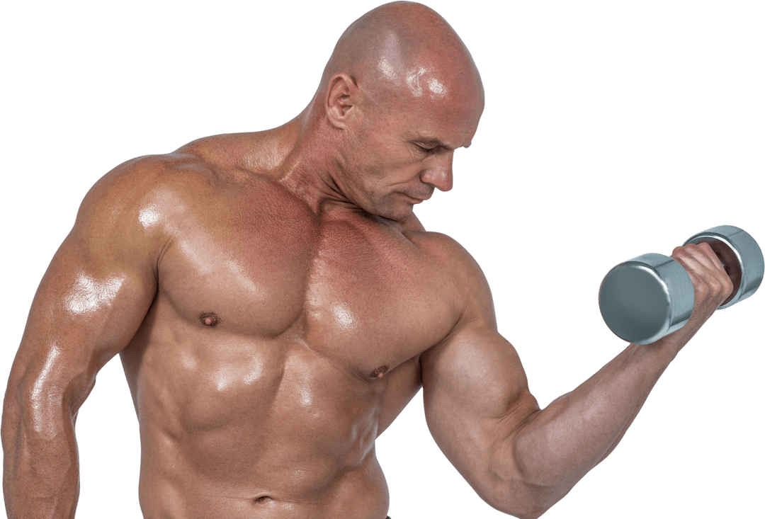 Fiery Concentration in Bodybuilding: Muscular Man Lifting Dumbbell on Transparent Background