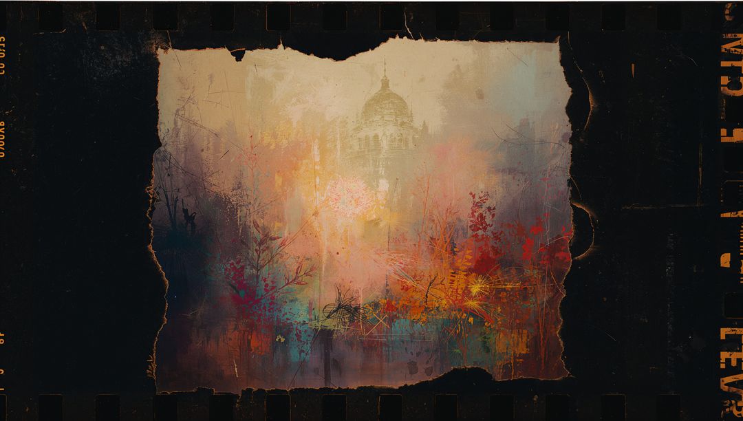 Torn Filmstrip Watercolor Showing Misty Domed Building and Autumn Trees at Dawn, Impressionist