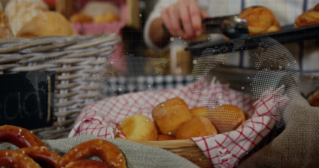 Artisan Bakery Worker Handling Fresh Buns and Pretzels
