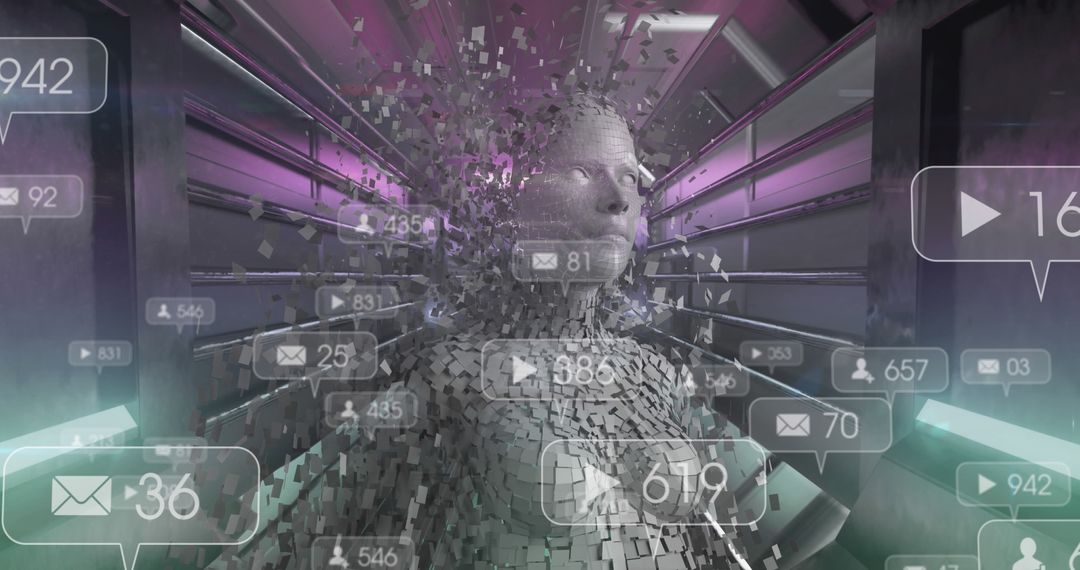 Exploding Cyborg Amid Digital Interface and Connections