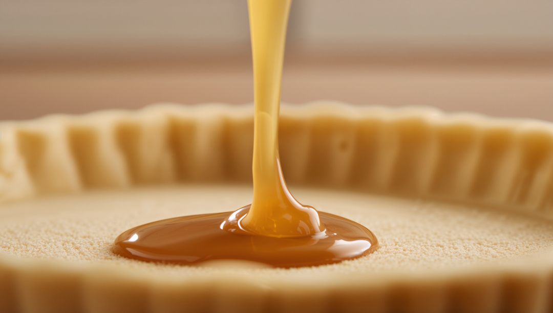 Pouring glossy caramel into fluted tart shell with pale custard base