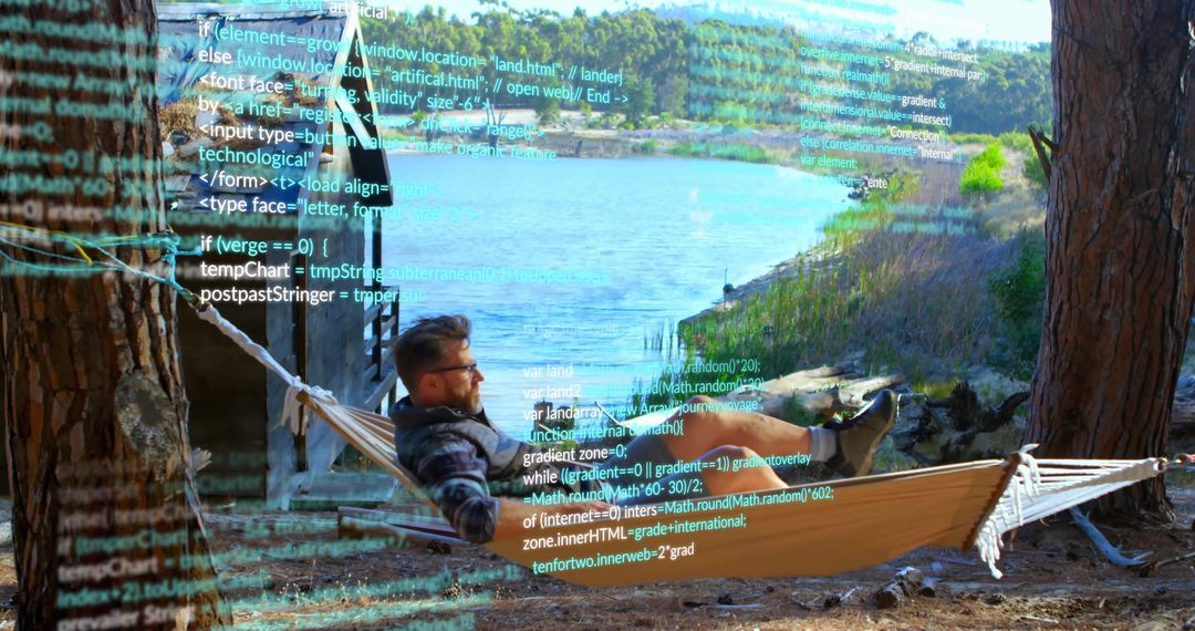 Coder in Hammock Beside Lakeside Cabin for Creative Programming Concept