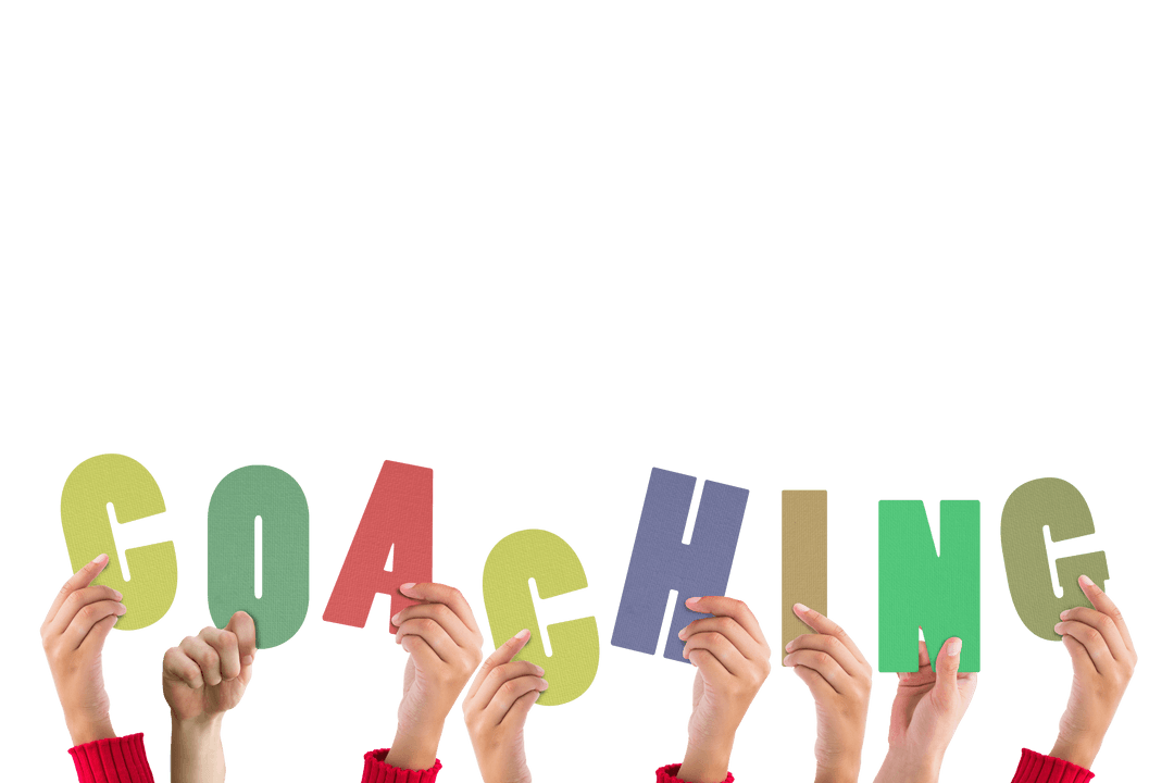 Hands Holding Coaching Text on Transparent Background