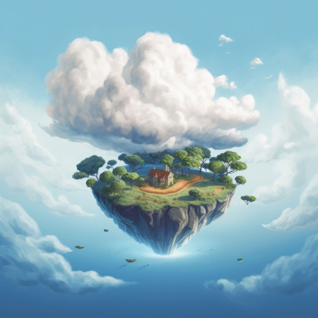 Island in the sky with house and greenery and clouds, created using generative ai technology - Free Images, Stock Photos and Pictures on Pikwizard.com