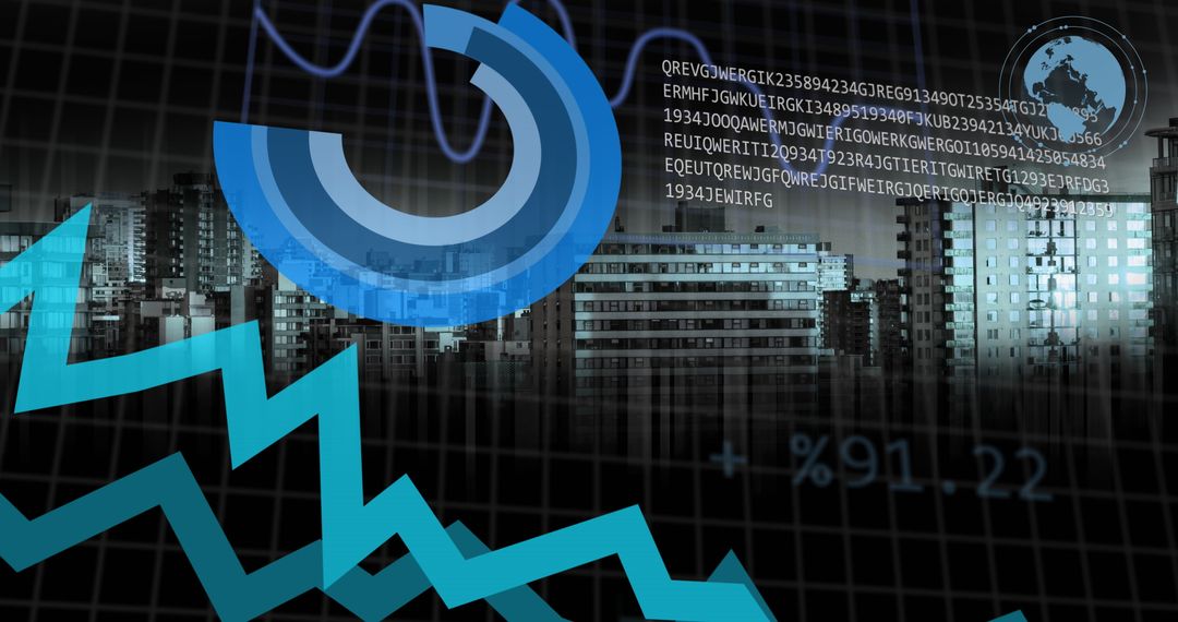 Digital Financial Data Overlay on Skyscraper Cityscape