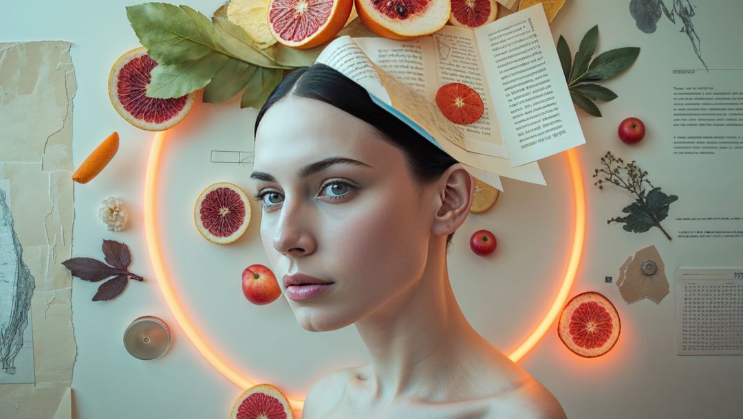 Surreal Portrait with Book and Fruits Against Glowing Backdrop
