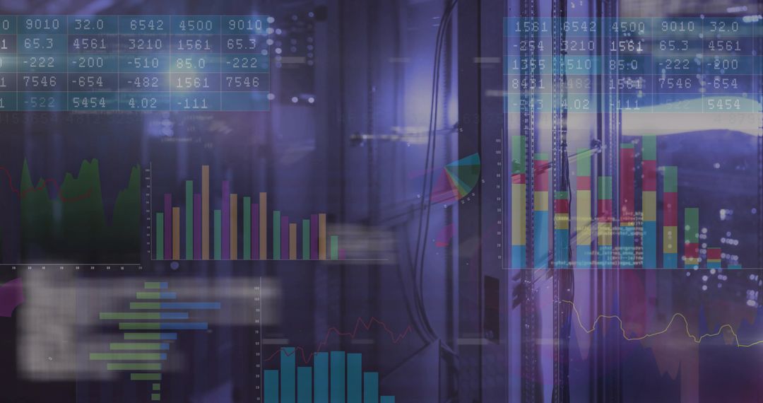 Futuristic Data Analytics Overlay on Server Racks with Digital Charts