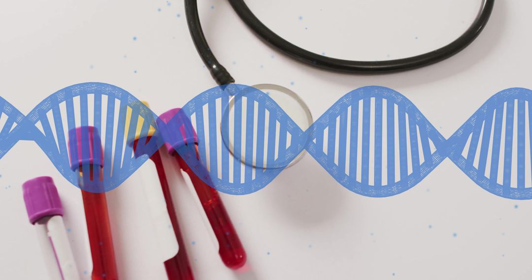 DNA Strand Overlay on Blood Samples with Stethoscope Symbolizing Medical Research