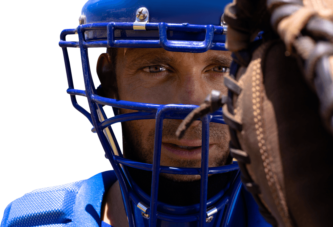 Focused Baseball Catcher with Mask on Transparent Background