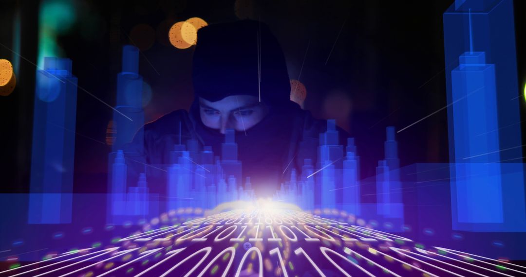 Hacker Analyzing Digital Binary Code in Futuristic Cityscape - Free Images, Stock Photos and Pictures on Pikwizard.com
