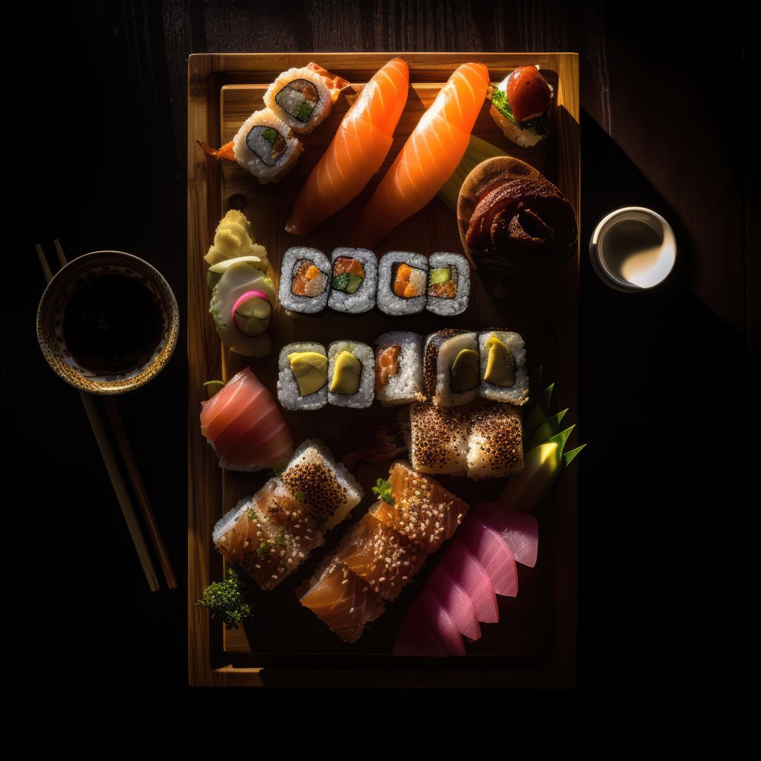 Close up of selection of sushi rolls on wooden tray, created using generative ai technology - Free Images, Stock Photos and Pictures on Pikwizard.com