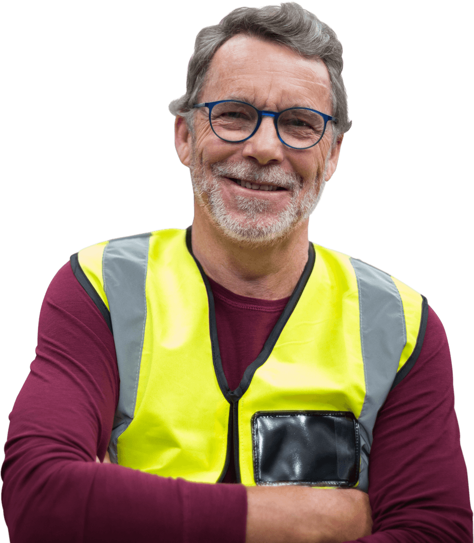 Transparent Background Portrait of Smiling Senior Worker in Safety Gear