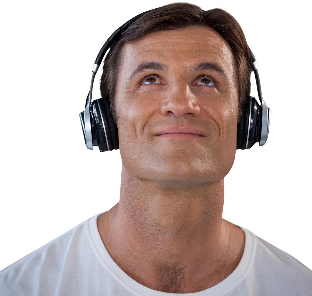 Transparent smiling man listening to music with headphones while looking up - Download Free Stock Images Pikwizard.com