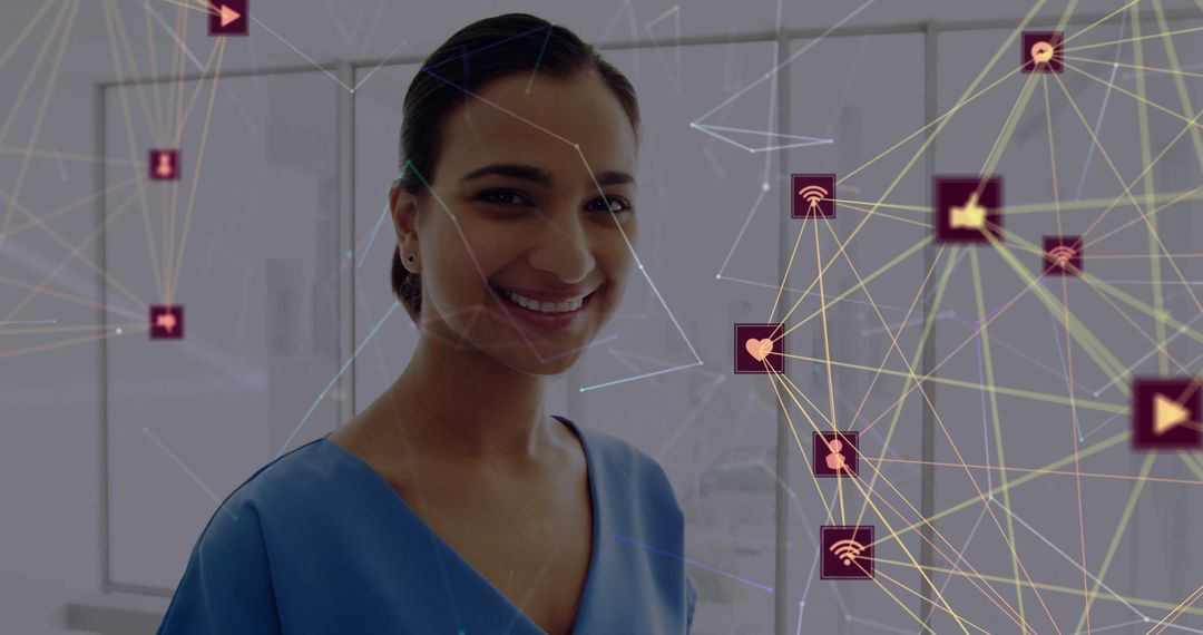 Smiling Female Doctor Engaging with Digital Network Interfaces