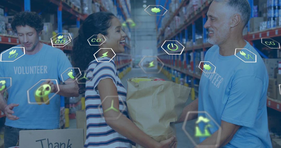 Volunteers Collaborating with Sustainable Practices in Warehouse