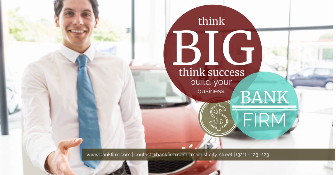 Confident businessman in car showroom promoting financial solutions