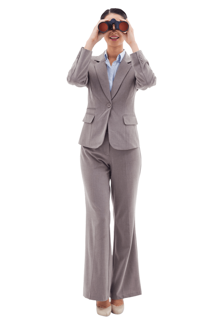 Transparent Businesswoman Exploring Opportunities with Binoculars