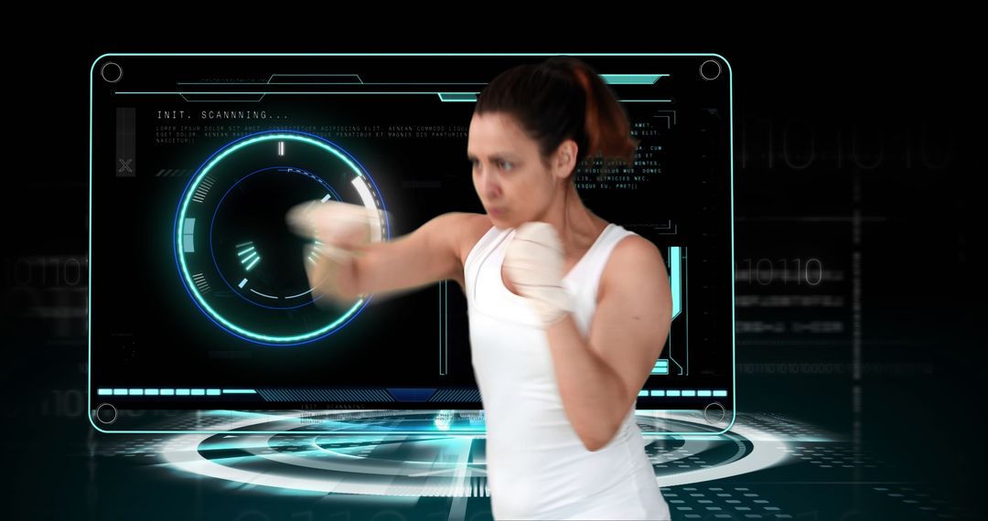 Female Boxer Engaging with Virtual Technology Interface