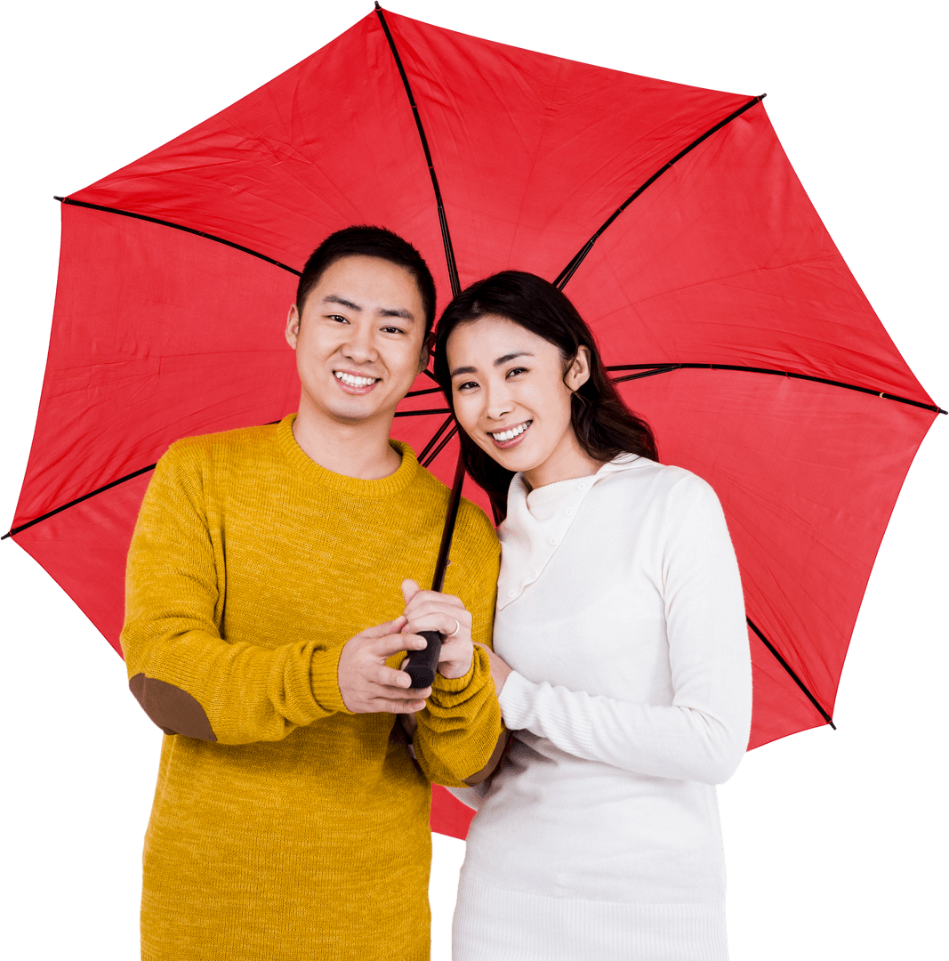 Cheerful Couple Holding Transparent Red Umbrella