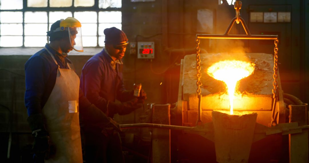 Metal Workers Pouring Molten Metal in Foundry - Free Images, Stock Photos and Pictures on Pikwizard.com