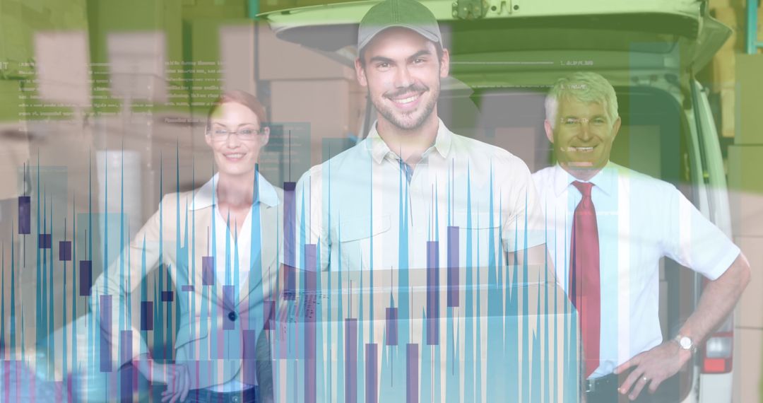 Diverse Warehouse Team with Financial Data Overlay for Global Logistics