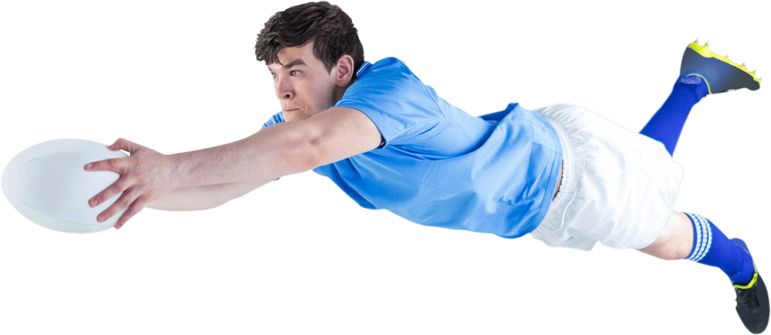 Rugby Player Leaping to Score a Try on Transparent Background