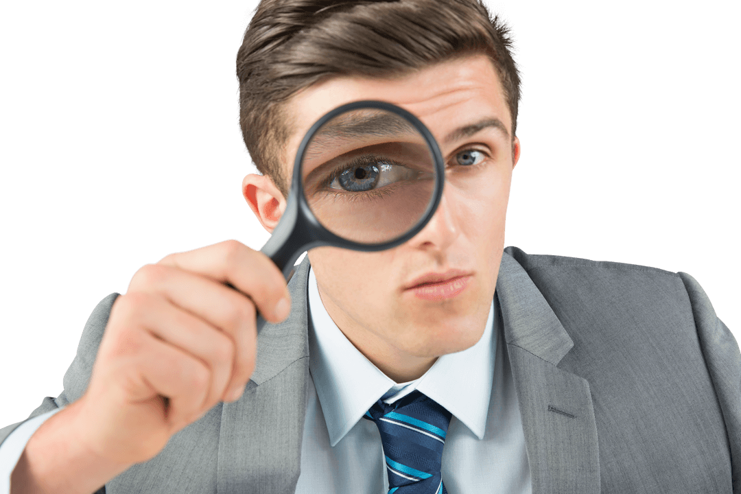 Transparent Background Businessman Examining with Magnifying Glass