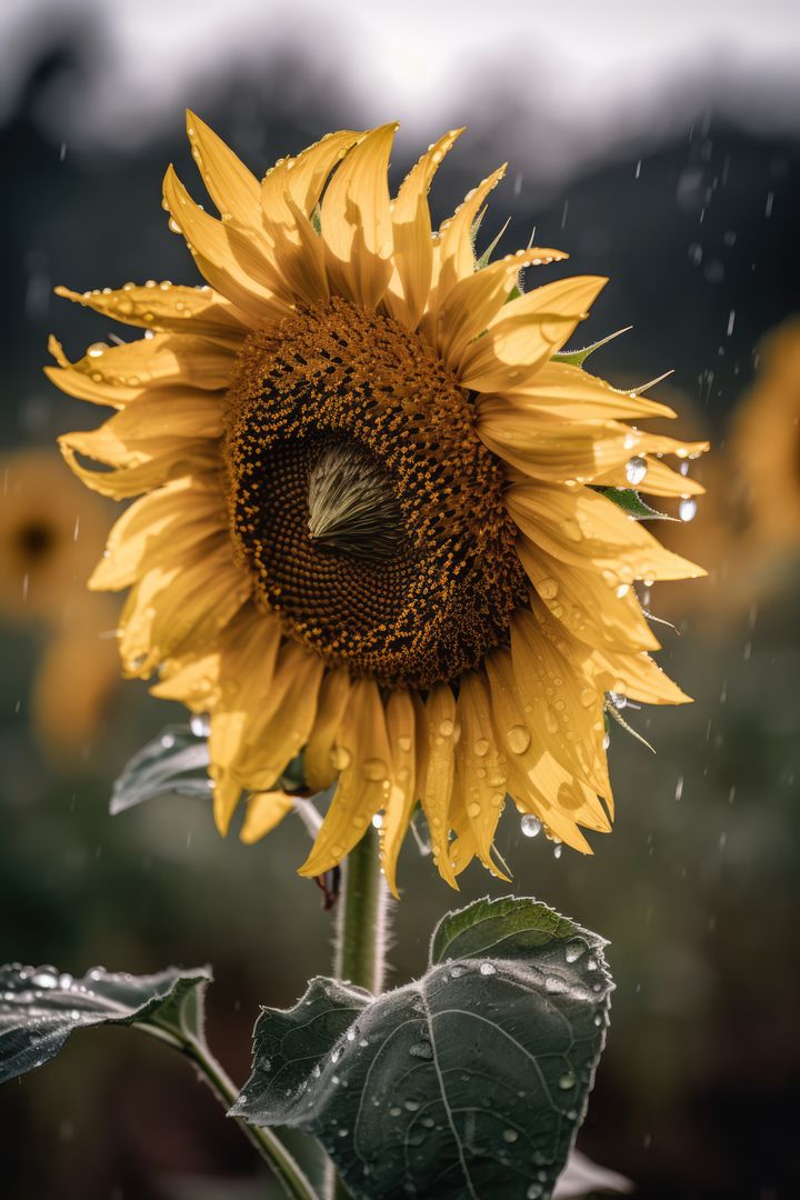 Sunflower in field with rain and blurred background, created using generative ai technology - Free Images, Stock Photos and Pictures on Pikwizard.com