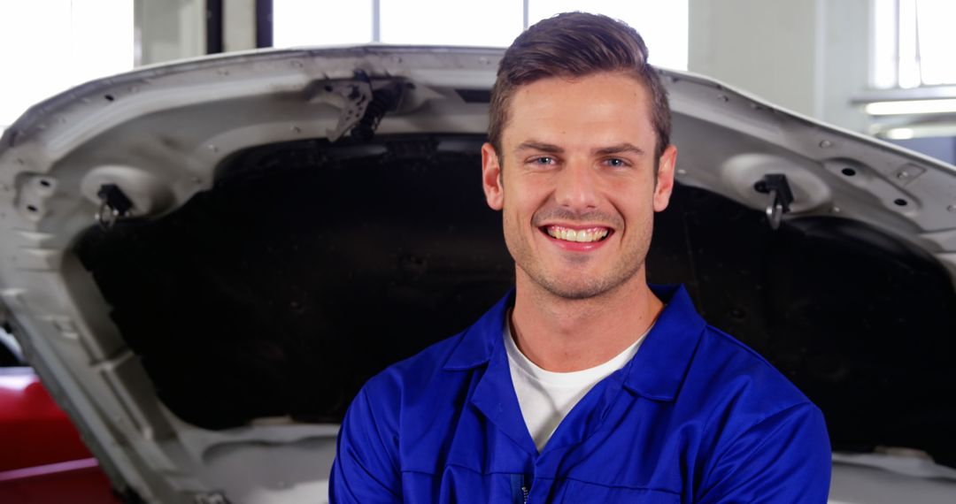 Smiling Mechanic in Blue Jumpsuit Standing in Garage - Free Images, Stock Photos and Pictures on Pikwizard.com