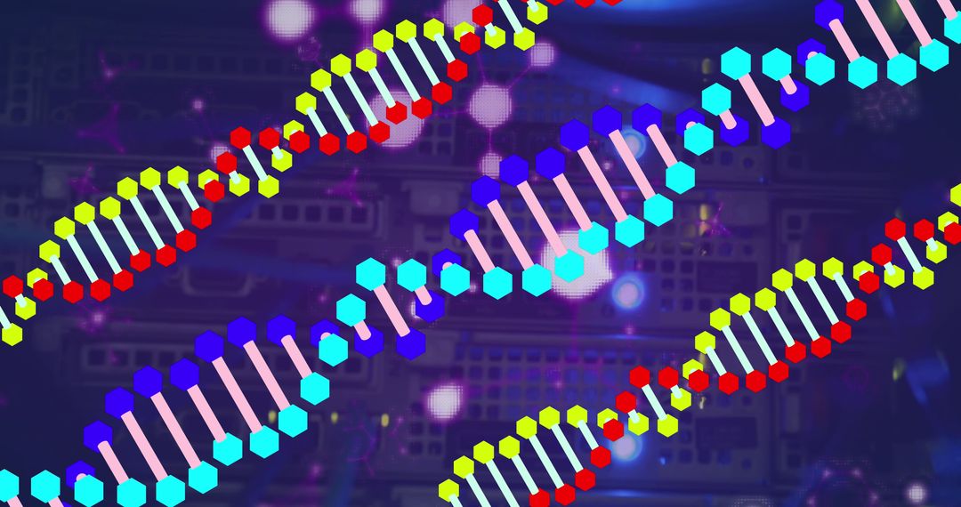 Colorful DNA Strands Over Server Room Background