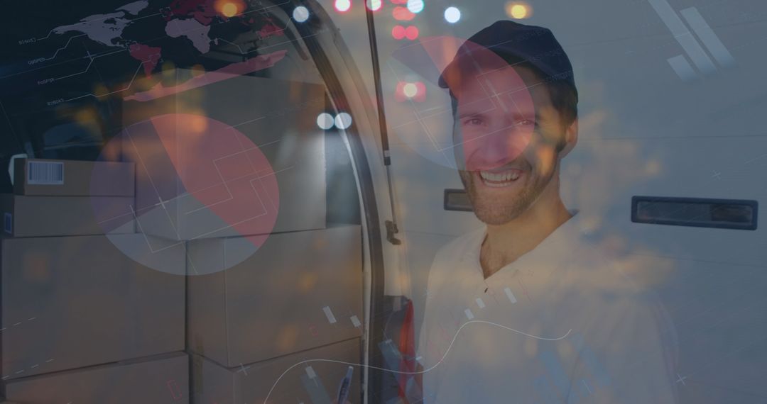 Smiling Delivery Man with Van and Technological Overlay